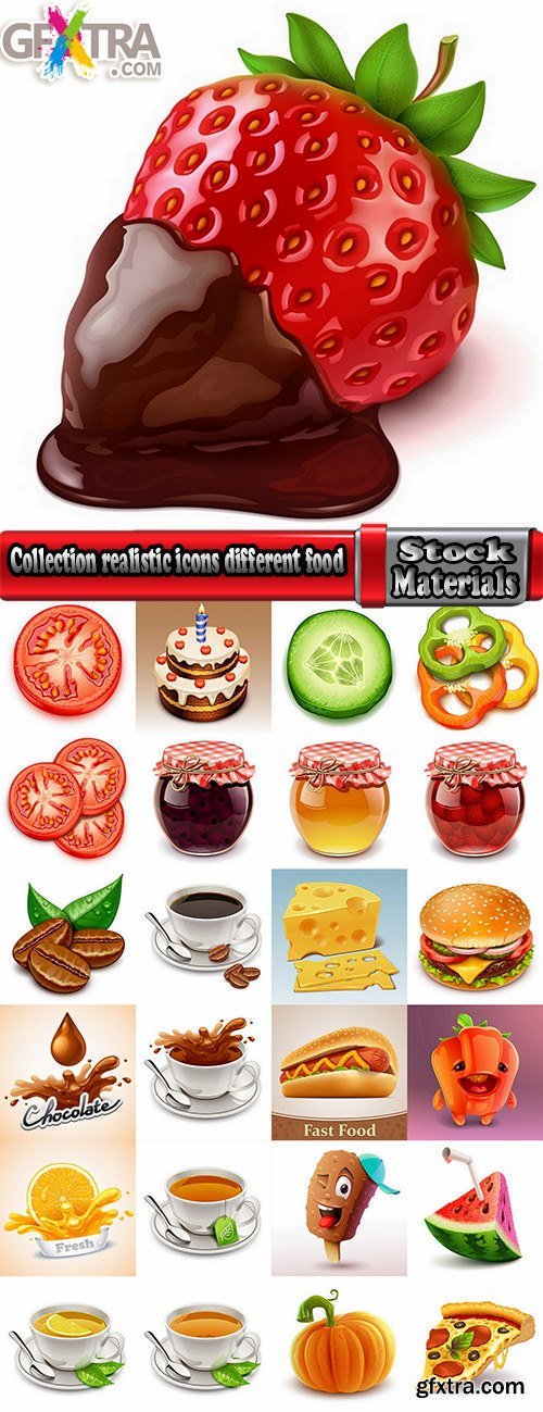 Collection realistic icons different food pumpkin pepper cheese tea coffee jam 25 EPS