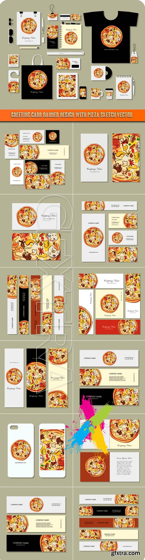 Greeting card banner design with pizza sketch vector