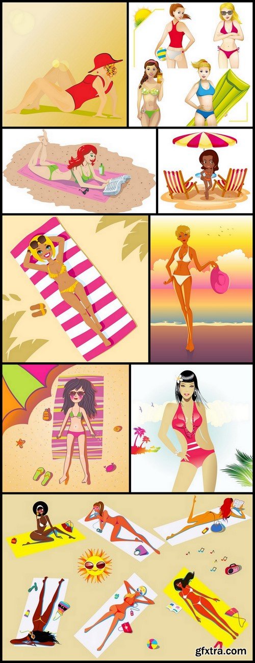 Beach Girl Illustrations - 9xEPS Vector Stock