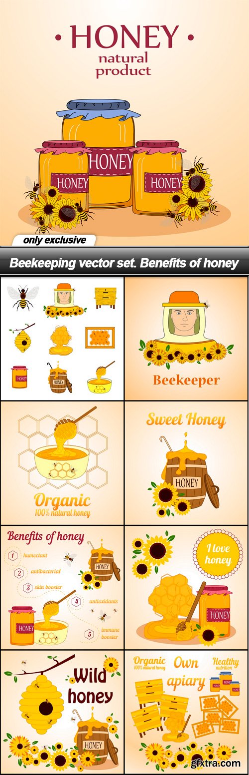 Beekeeping vector set. Benefits of honey - 9 EPS