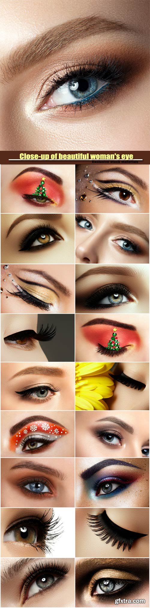 Close-up of beautiful woman\'s eye, colored eyeshadows, makeover christmas tree