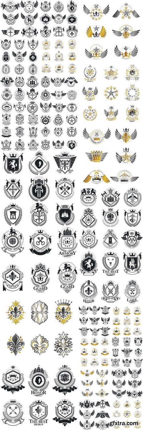Ancient Crowns and Military Stars emblems set. Heraldic vector