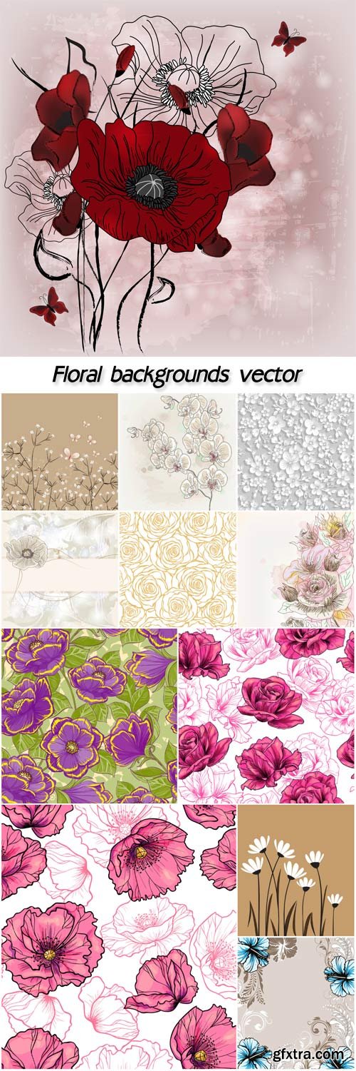 Floral backgrounds vector, poppies, roses, daisies
