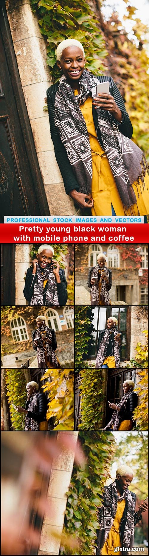 Pretty young black woman with mobile phone and coffee - 8 UHQ JPEG