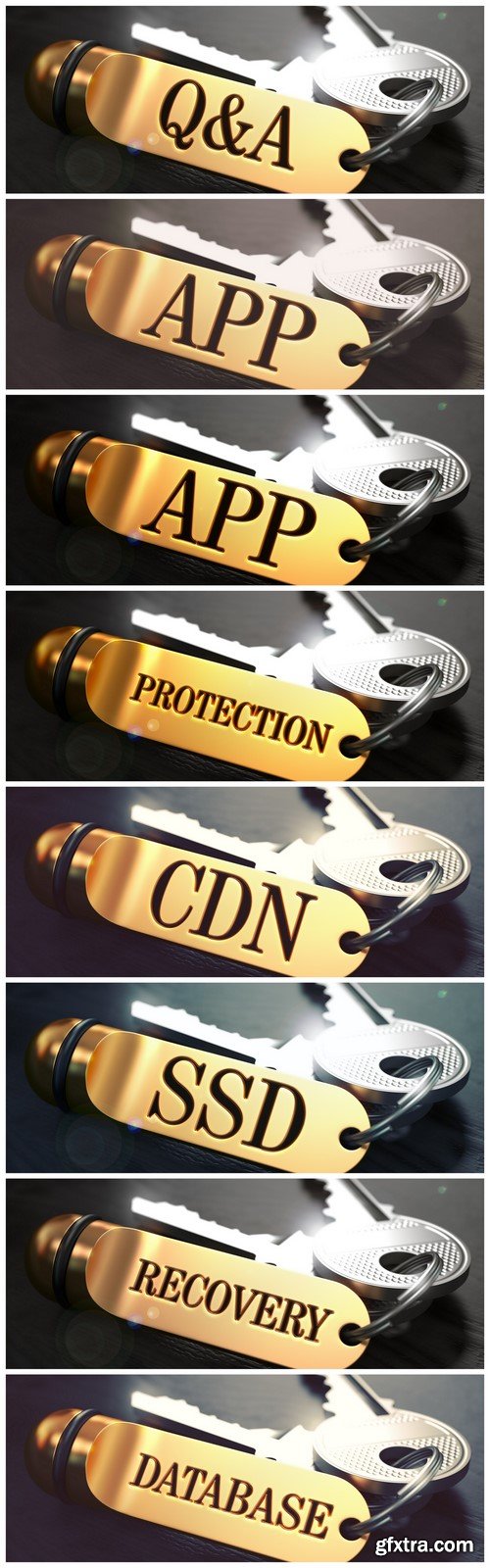 A bunch of keys with text in gold keychain 8X JPEG
