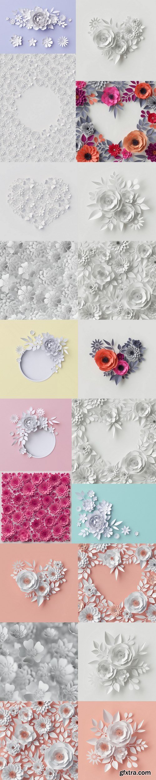 3d render, digital illustration, white paper flowers, floral background