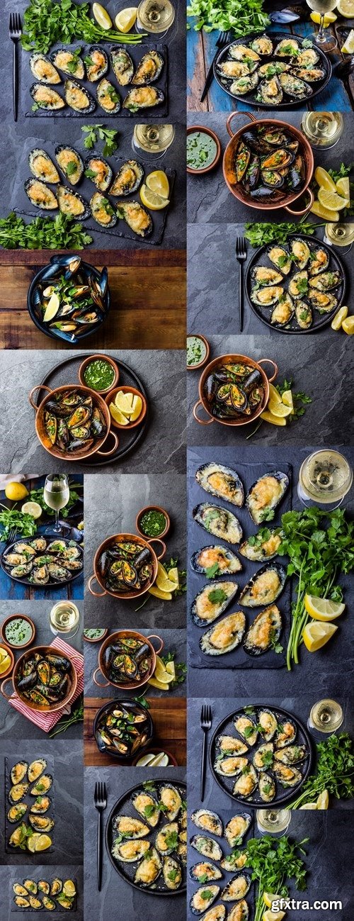 Mussels in copper bowl, lemon, herbs sauce and white wine