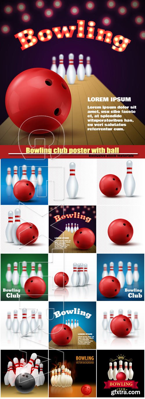 Bowling club poster with ball and skittles, vector sport background