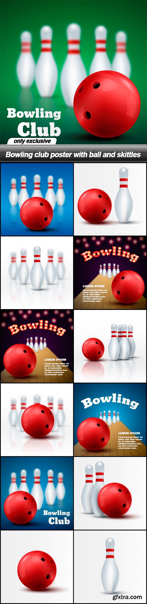Bowling club poster with ball and skittles - 13 EPS