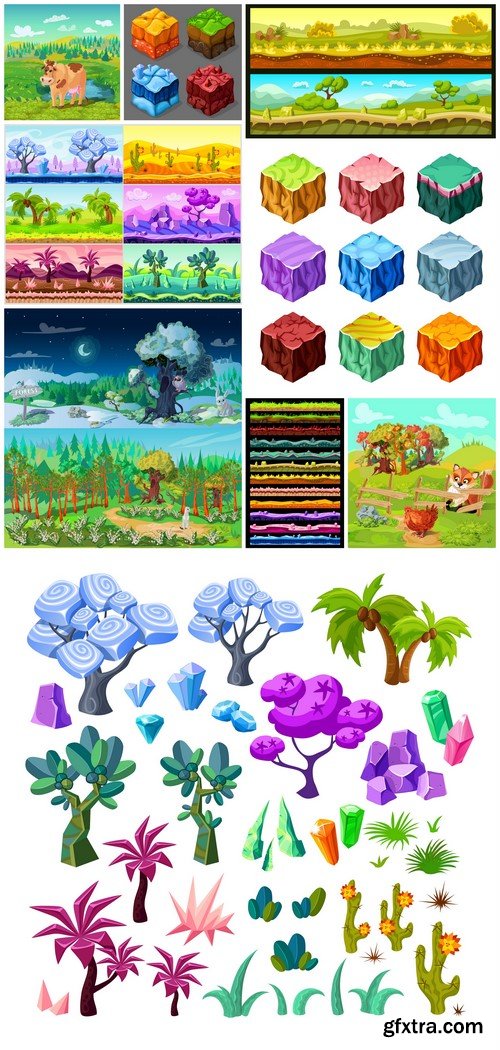 Cartoon landscape with trees mountains and plants for game design 9X EPS