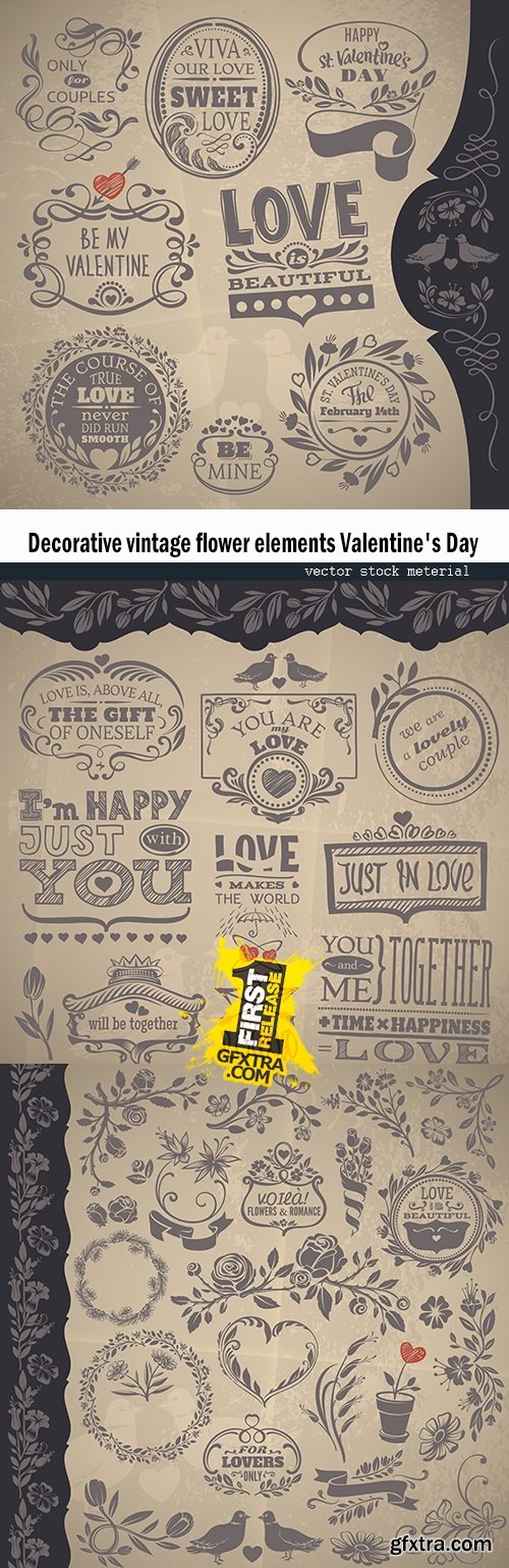 Decorative vintage flower elements Valentine\'s Day