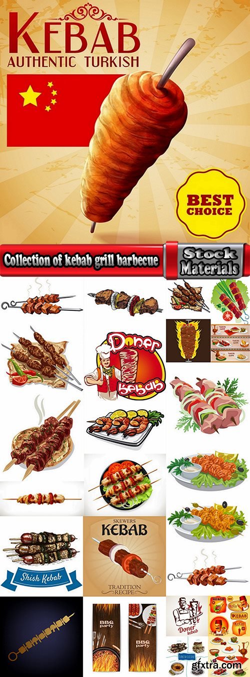 Collection of kebab grill barbecue meat on the grill on a spit roast 25 EPS