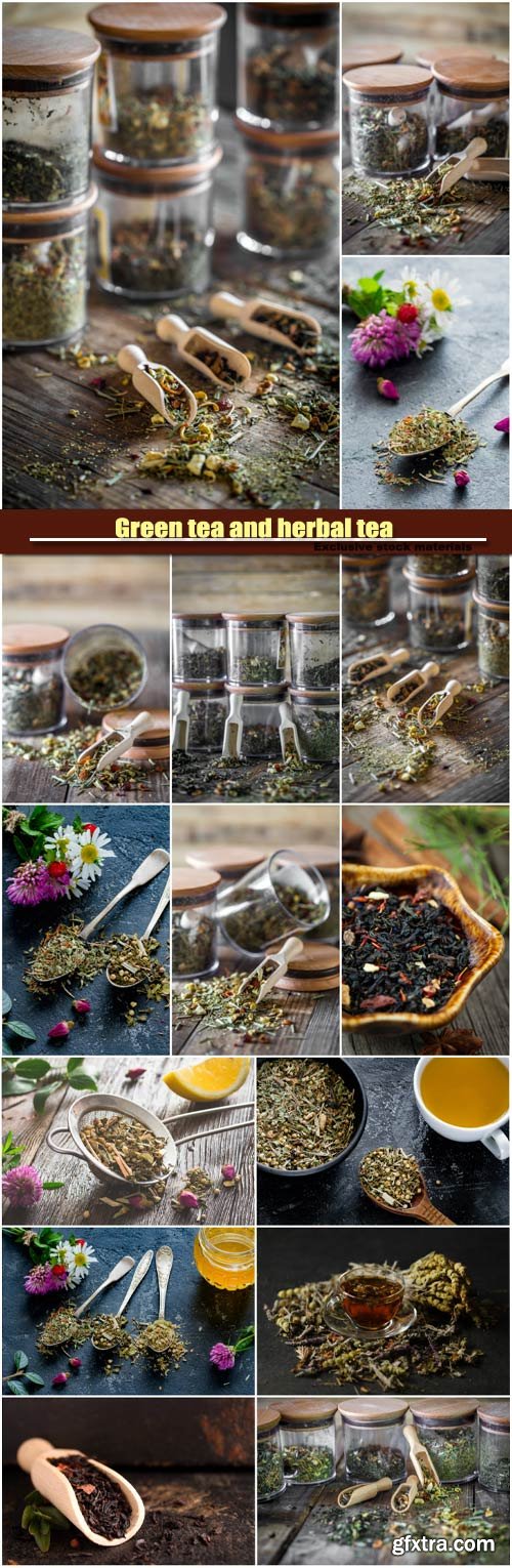 Healthy dry tea, green tea and herbal tea, loose tea