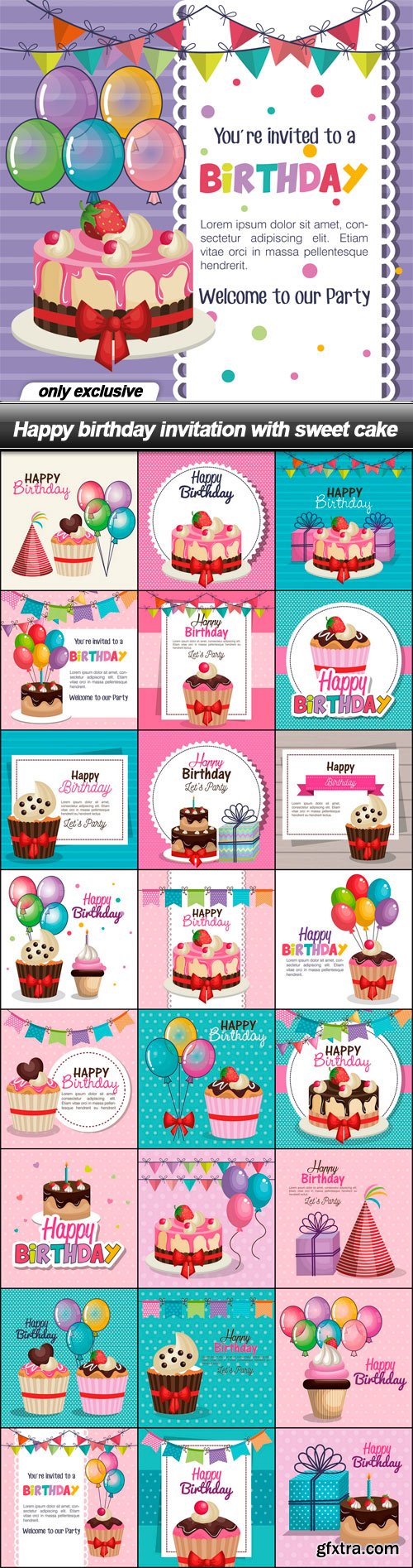 Happy birthday invitation with sweet cake - 25 EPS
