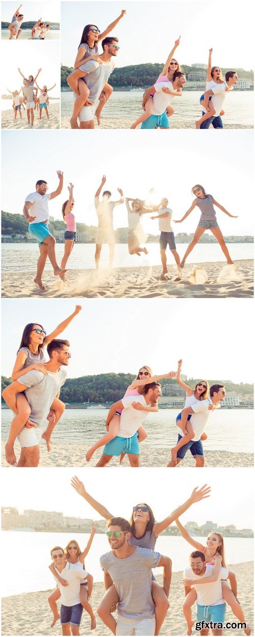 Group of happy young people having fun at the beach summer day 6X JPEG
