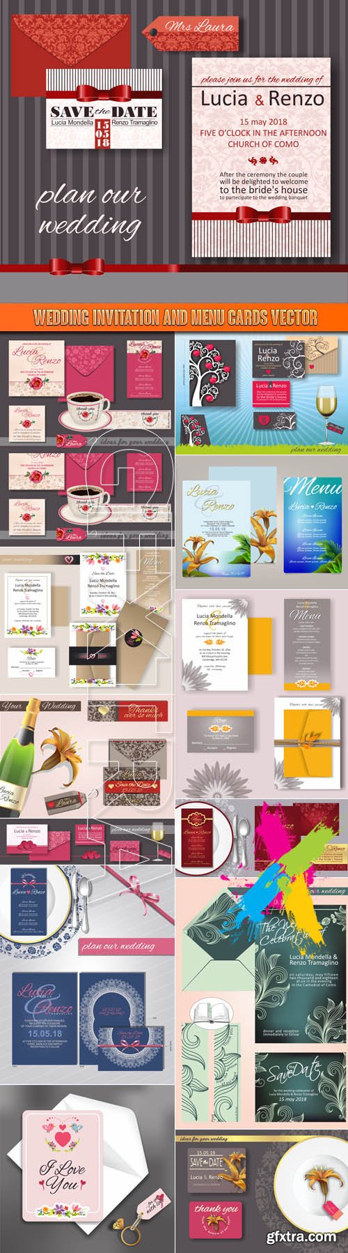 Wedding invitation and menu cards vector