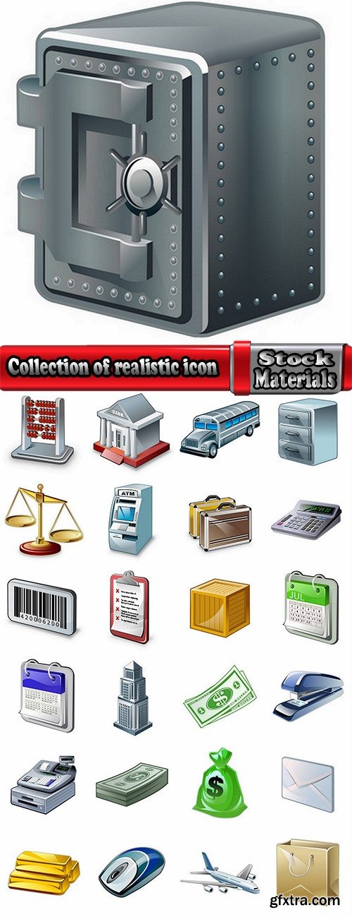 Collection of realistic icon gold picture business calculator money a safety deposit box 25 EPS