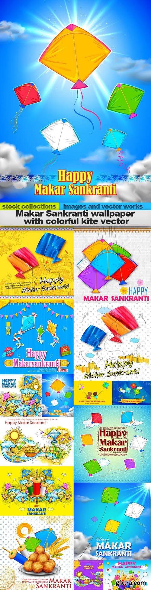 Makar Sankranti wallpaper with colorful kite vector, 15 x EPS