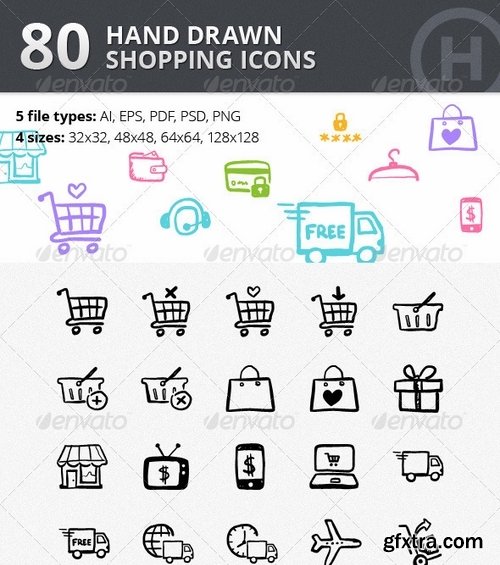 GraphicRiver - 80 Hand-drawn Shopping & Commerce Icons 2895085