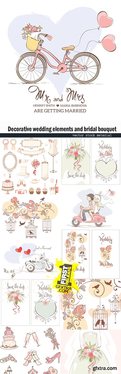 Decorative wedding elements and bridal bouquet