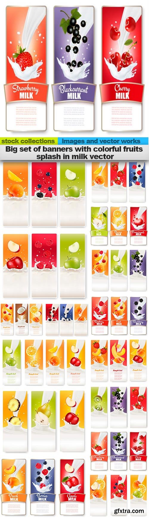 Big set of banners with colorful fruits splash in milk vector, 15 x EPS