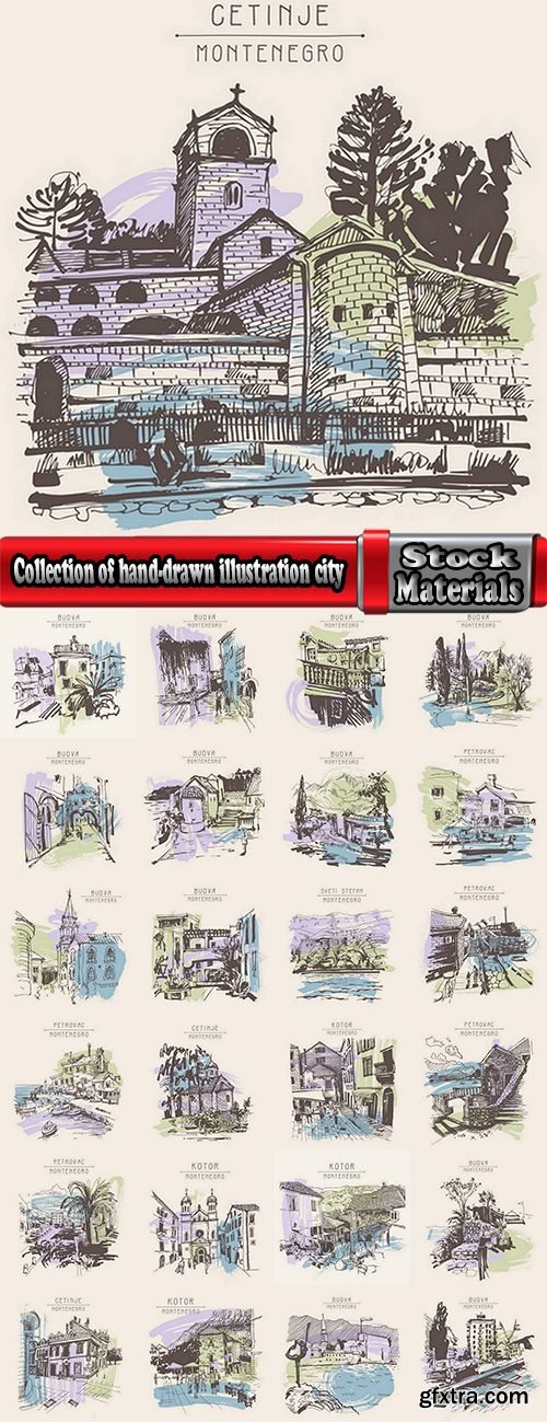 Collection of hand-drawn illustration city in the world building construction 25 EPS