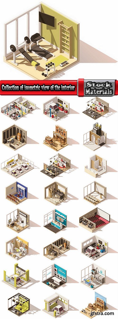 Collection of isometric view of the interior of the room bathroom bedroom gym 25 EPS