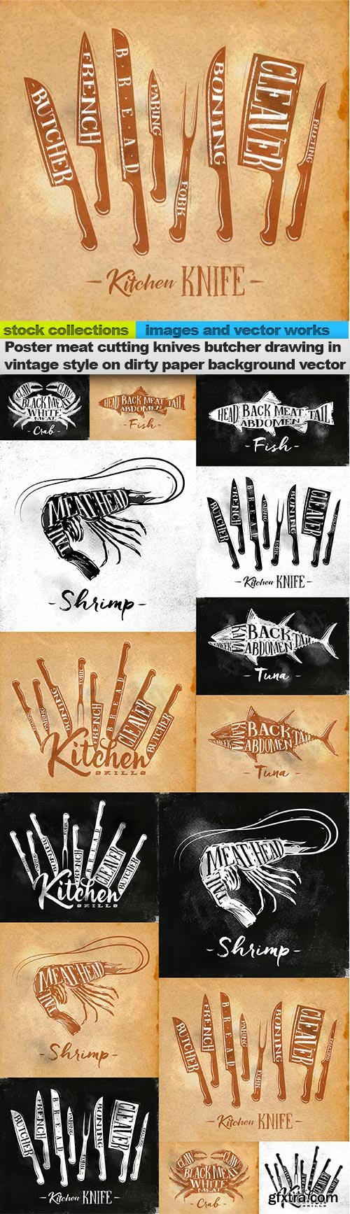Poster meat cutting knives butcher drawing in vintage style on dirty paper background vector, 15 x EPS