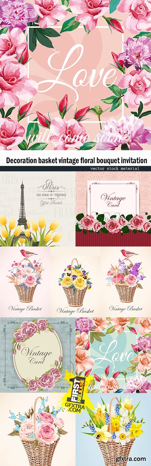 Decoration basket vintage floral bouquet invitation