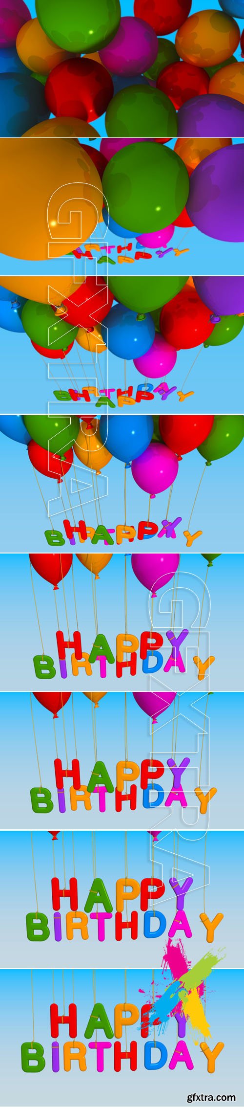 Group of balloons with the words Happy Birthday hanging from the strings in multicolored shades Footage