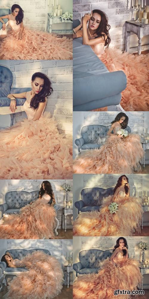 Beautiful Lady in Gorgeous Couture Dress on Sofa