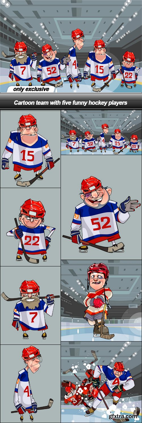 Cartoon team with five funny hockey players - 8 EPS
