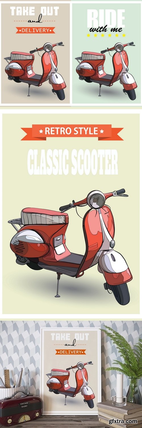 3d illustration of interior mockups with retro scooter picture