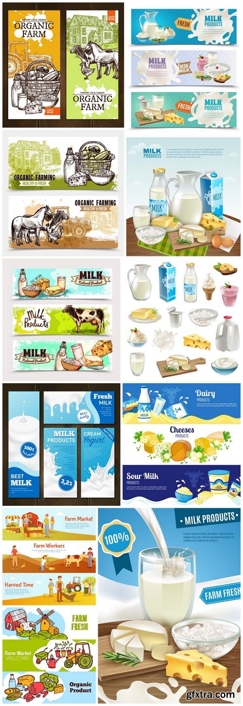 Milk Products banners with advertising of different cheeses sour cream and milk 11X EPS