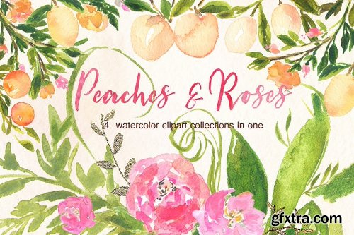 CreativeMarket Peaches Roses and gold watercolor 1161045