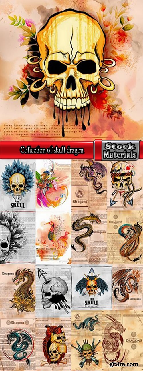 Collection of skull dragon pattern for clothing pattern example of a mythical animal 18 EPS