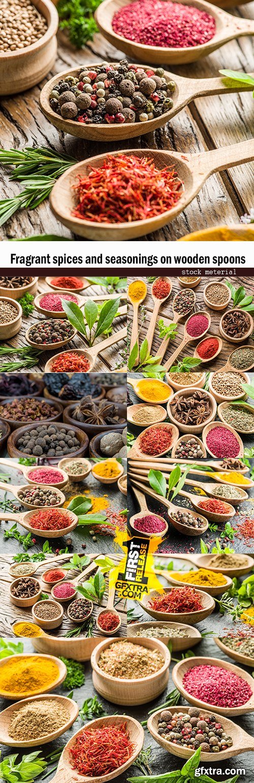 Fragrant spices and seasonings on wooden spoons
