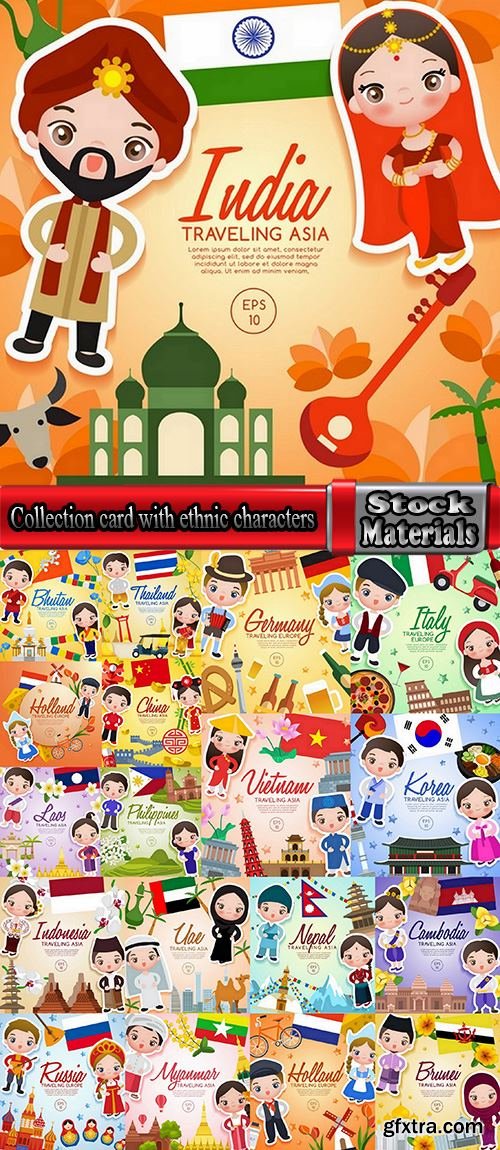 Collection card with ethnic characters around the world 2-25 EPS
