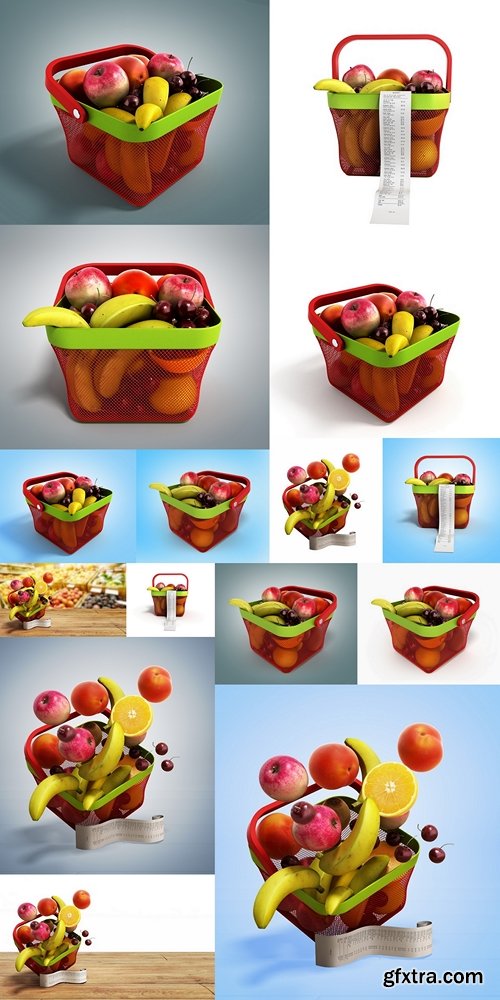 Shopping basket full of fresh fruit with a check 3d render