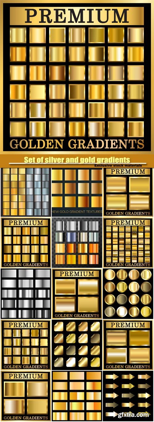 Set of silver and gold gradients, texture square patterns set