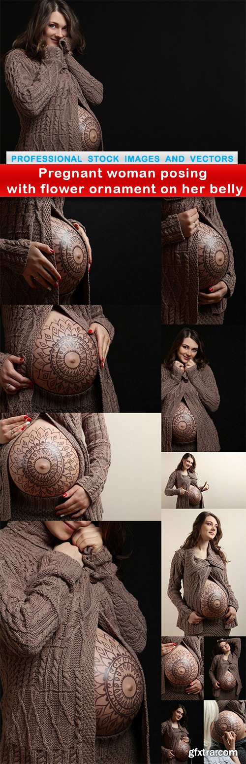 Pregnant woman posing with flower ornament on her belly - 13 UHQ JPEG