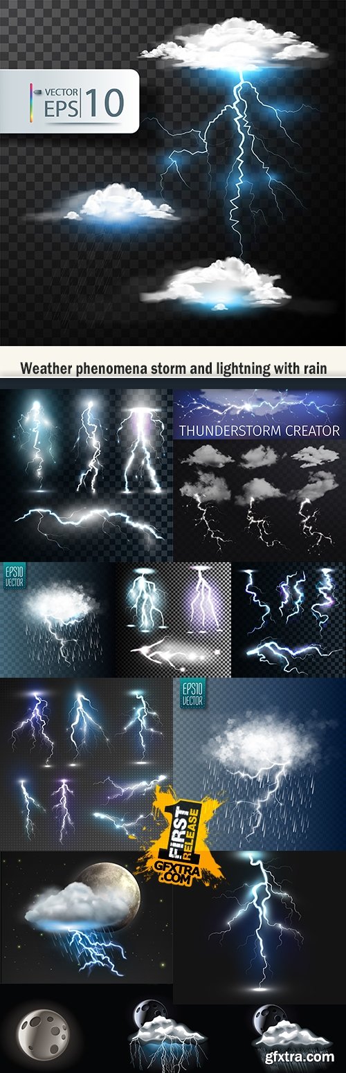 Weather phenomena storm and lightning with rain