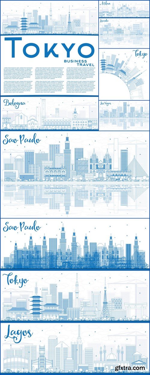 Outline Tokyo Skyline with Blue Buildings and Copy Space 10X EPS