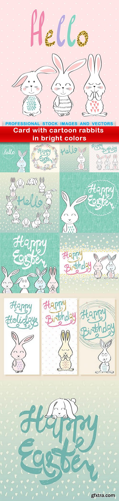 Card with cartoon rabbits in bright colors - 11 EPS