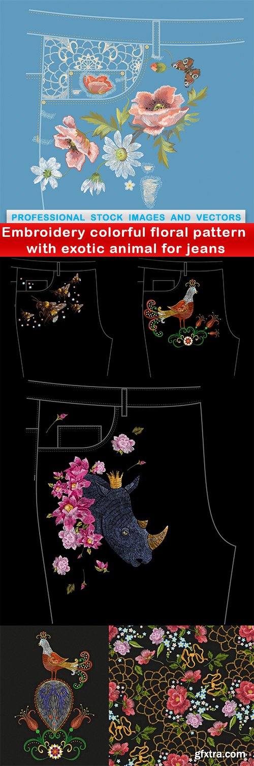 Embroidery colorful floral pattern with exotic animal for jeans - 6 EPS