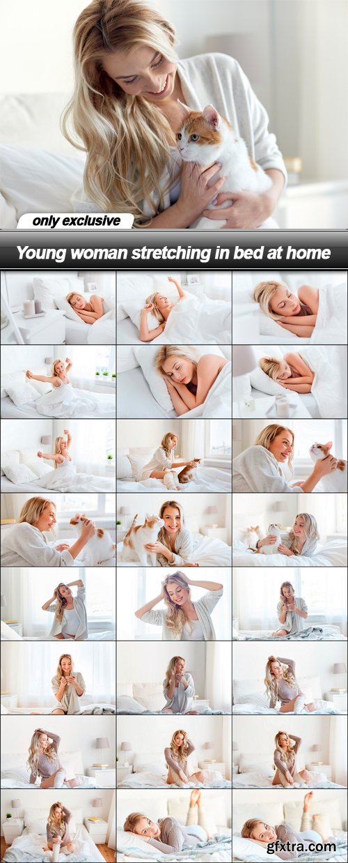 Young woman stretching in bed at home - 25 UHQ JPEG