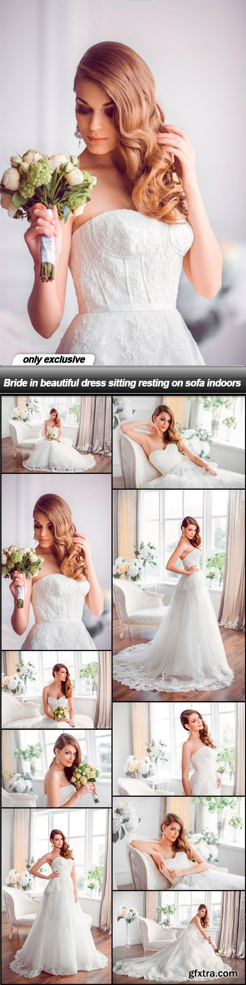 Bride in beautiful dress sitting resting on sofa indoors - 10 UHQ JPEG