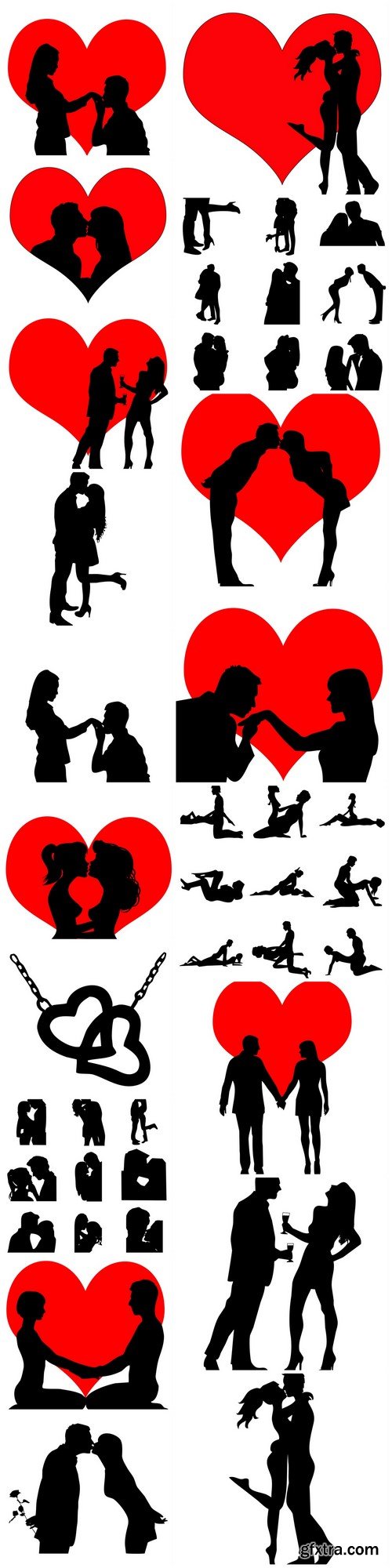 Silhouettes of lovers on a background of red hearts 18X EPS