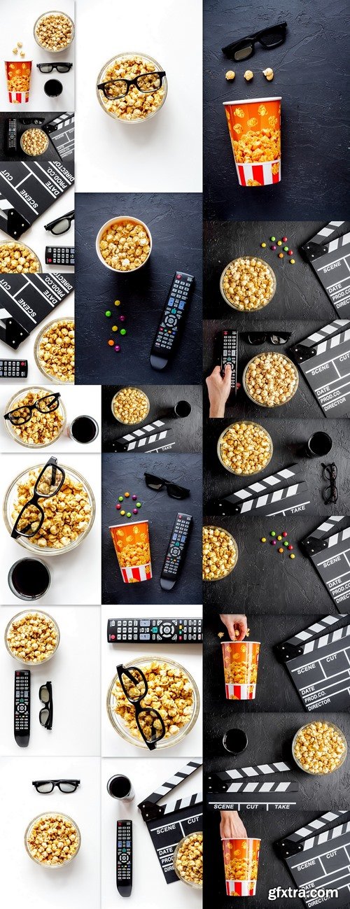 Concept of watching movies with popcorn top view white background