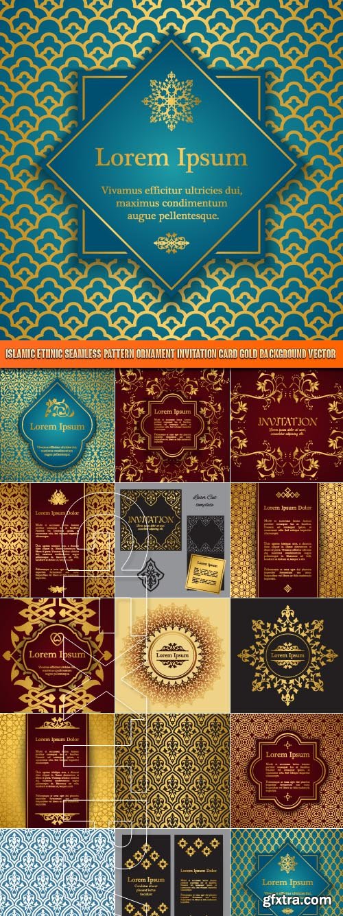 Islamic ethnic seamless pattern ornament invitation card gold background vector